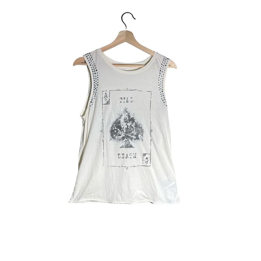 GUESS Los Angeles Ace of Death Skull Graphic Rhinestone Studded Tank Top White M